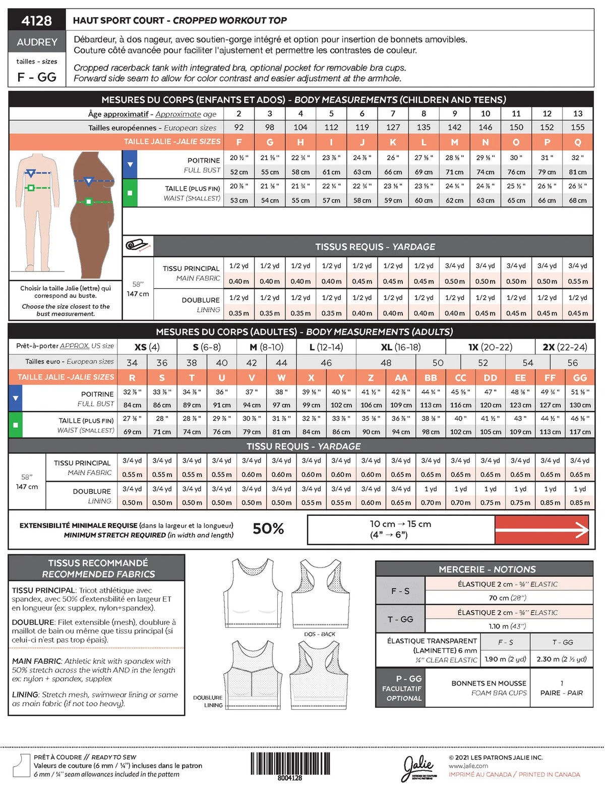 JALIE Audrey Cropped Workout Top Pattern (#4128)
