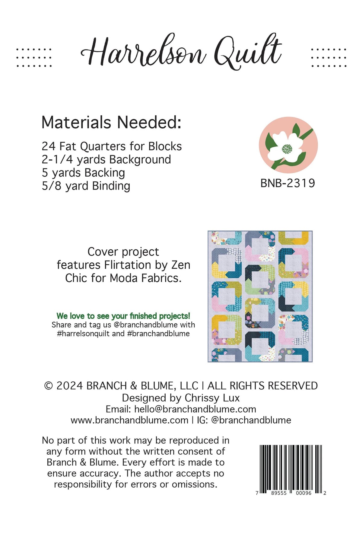 BRANCH & BLUME "Harrelson Quilt" Pattern