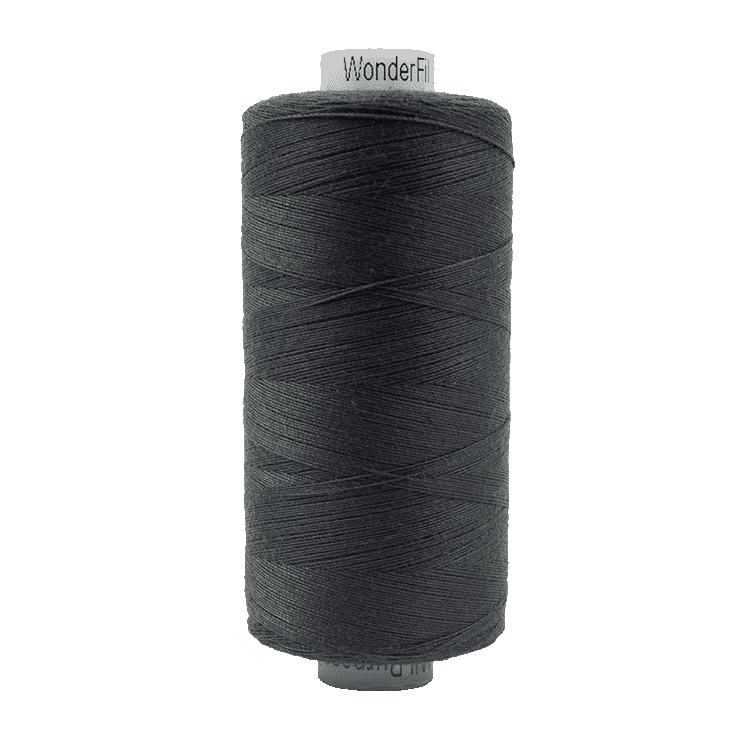 Spool of dark thread with 'WonderFil' branding on a transparent background