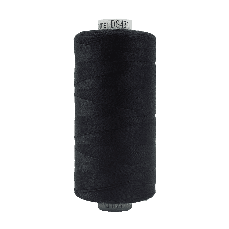 Spool of black thread with a label on a transparent background