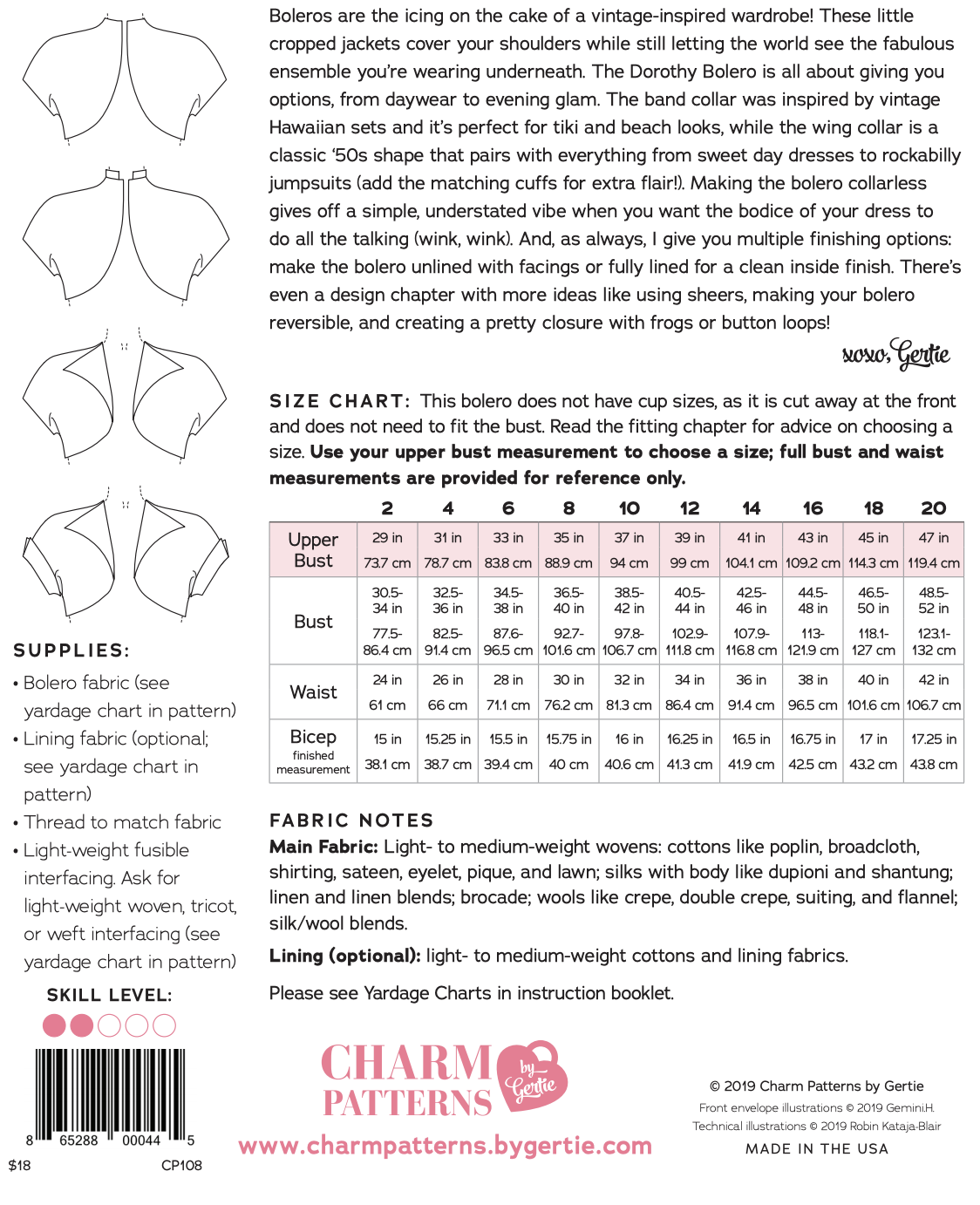 CHARM Dorothy Bolero Pattern